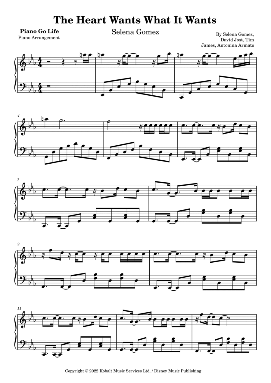 The Heart Wants What It Wants Piano Solo scores gallery preview page 1
