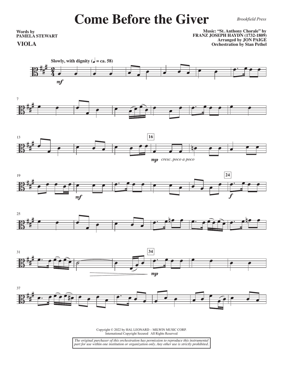 Come Before the Giver (arr. Jon Paige) - Viola