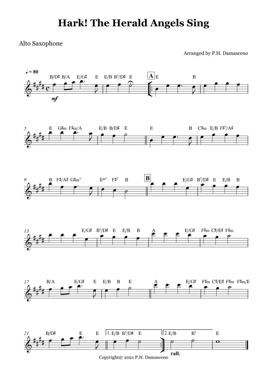 Hark! The Herald Angels Sing - Alto Saxophone Solo with Chords Alto Saxophone scores gallery preview page 1
