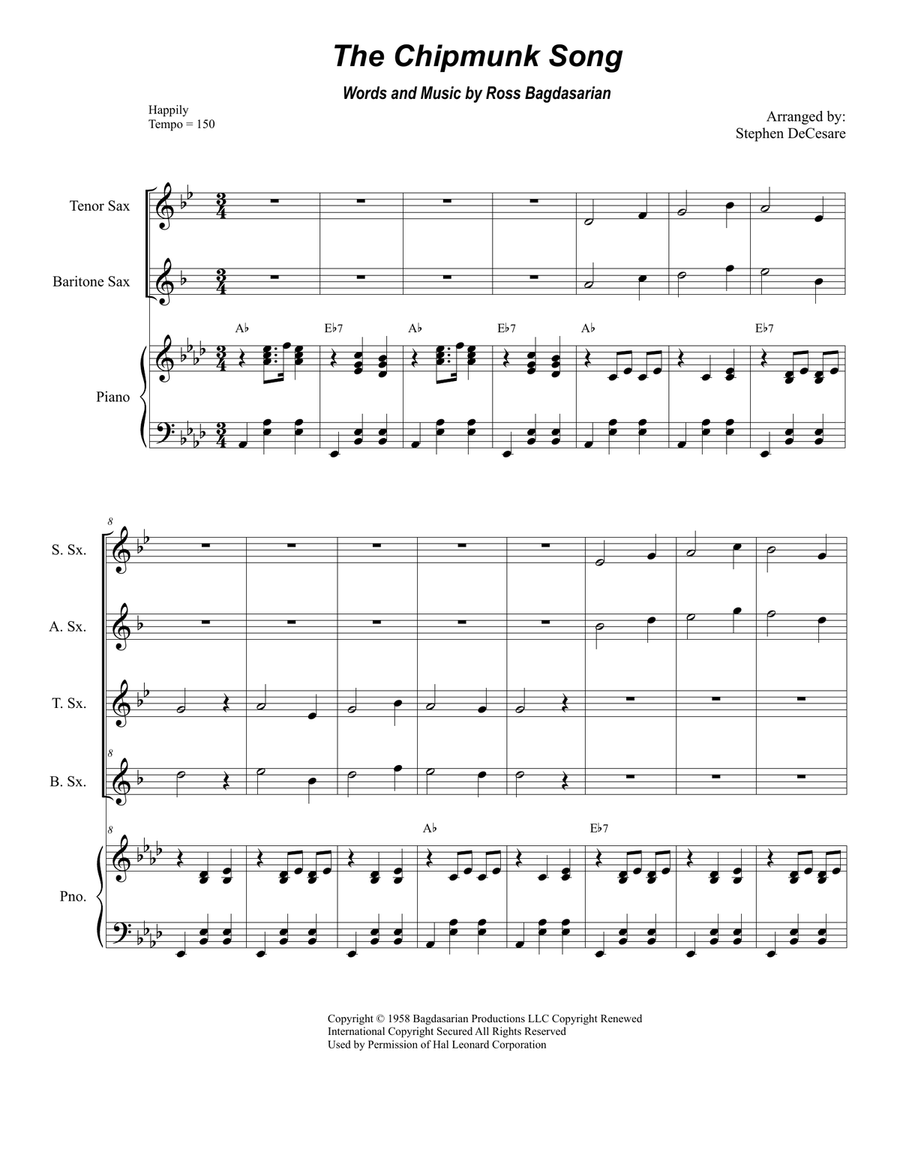 The Chipmunk Song Saxophone Quartet scores gallery preview page 1