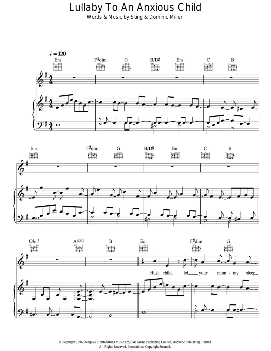 Lullaby For An Anxious Child Piano, Vocal, Guitar scores gallery preview page 1