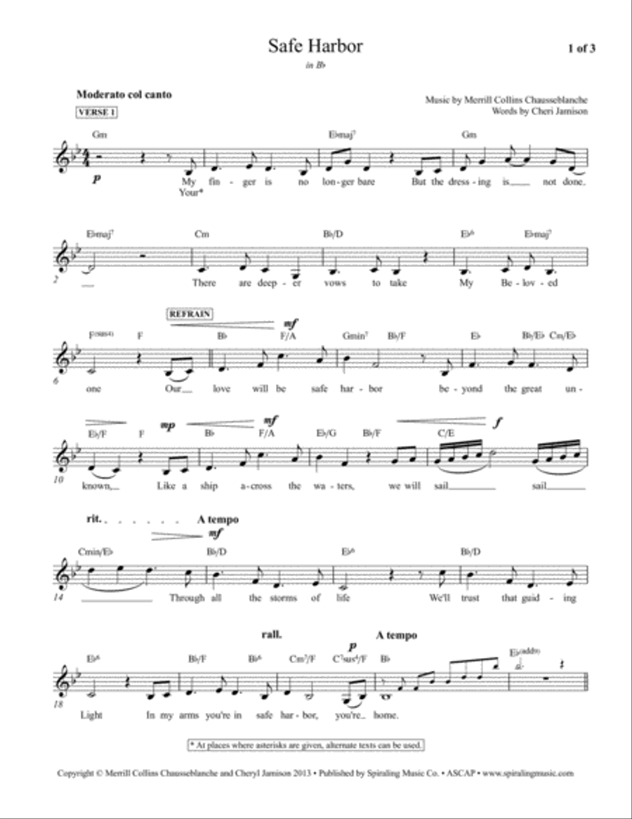 Safe Harbor, vocal piano lead sheet in Bb