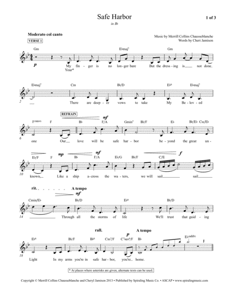 Safe Harbor, vocal piano lead sheet in Bb