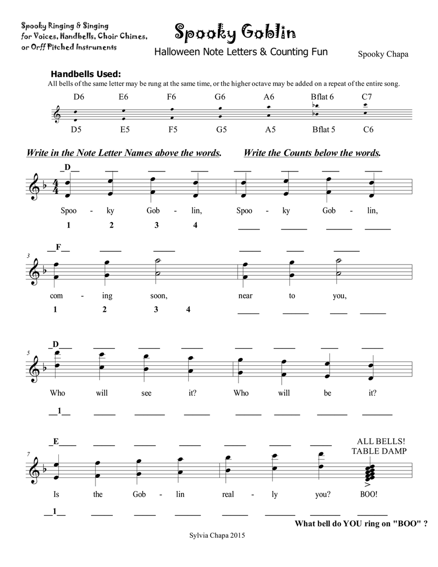 Spooky Goblin, a Halloween Sing & Ring Practice Sheet for Note Letter Names & Counting (3 Pages) Handbell Choir scores gallery preview page 1