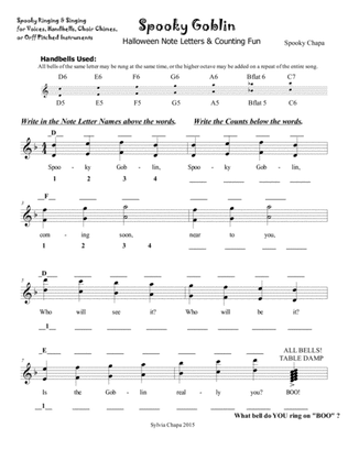 Spooky Goblin, a Halloween Sing & Ring Practice Sheet for Note Letter Names & Counting (3 Pages)