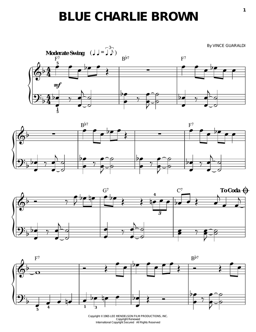 Blue Charlie Brown Easy Piano scores gallery preview page 1