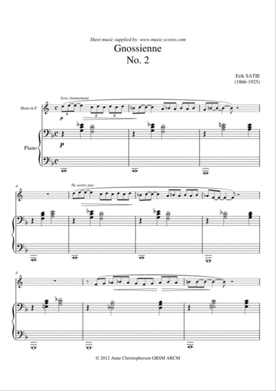 Gnossienne No.2 - French Horn and Piano Horn scores gallery preview page 1