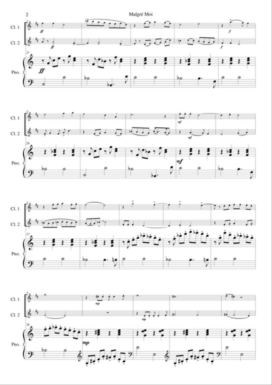Malgré Moi (Despite myself) for 2 clarinets and piano Clarinet Duet scores gallery preview page 2