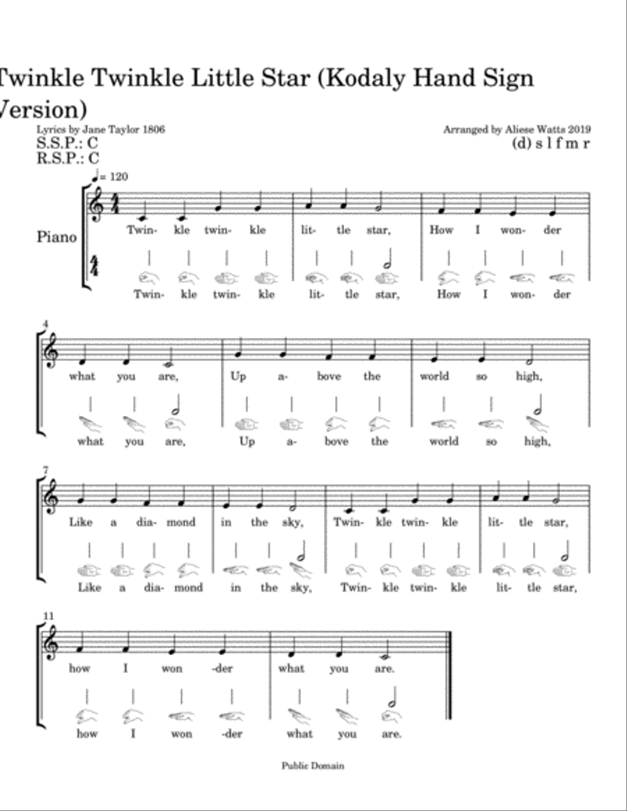 Twinkle Twinkle Little Star (Kodaly Hand Signs) Voice scores gallery preview page 1