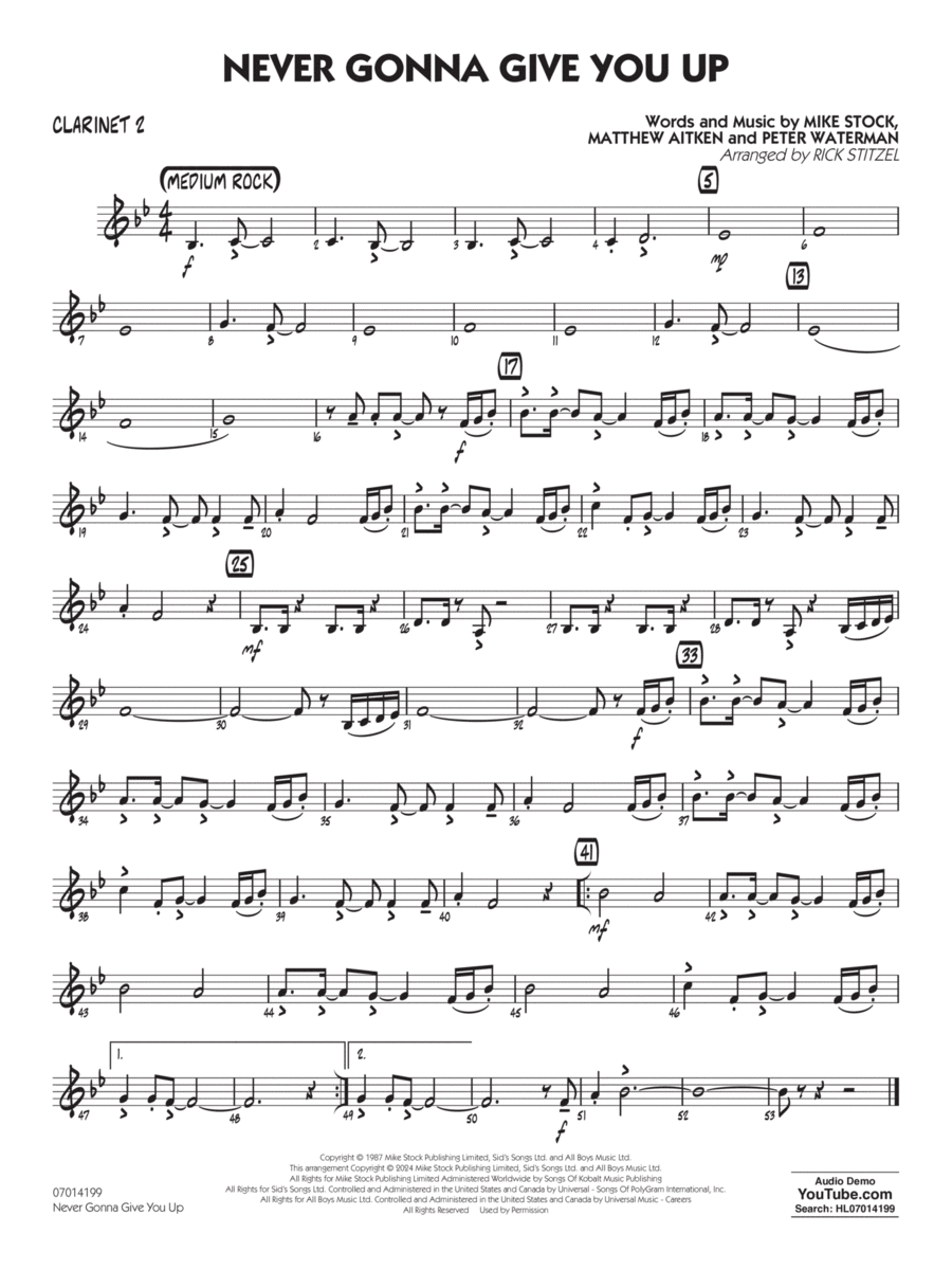 Never Gonna Give You Up (arr. Rick Stitzel) - Bb Clarinet 2 Jazz Ensemble scores gallery preview page 1