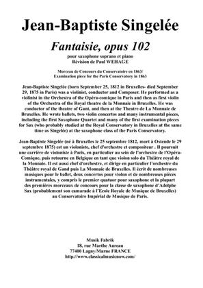Book cover for Jean-Baptiste Singelée: Fantaisie, opus 102 pour saxophone soprano et piano