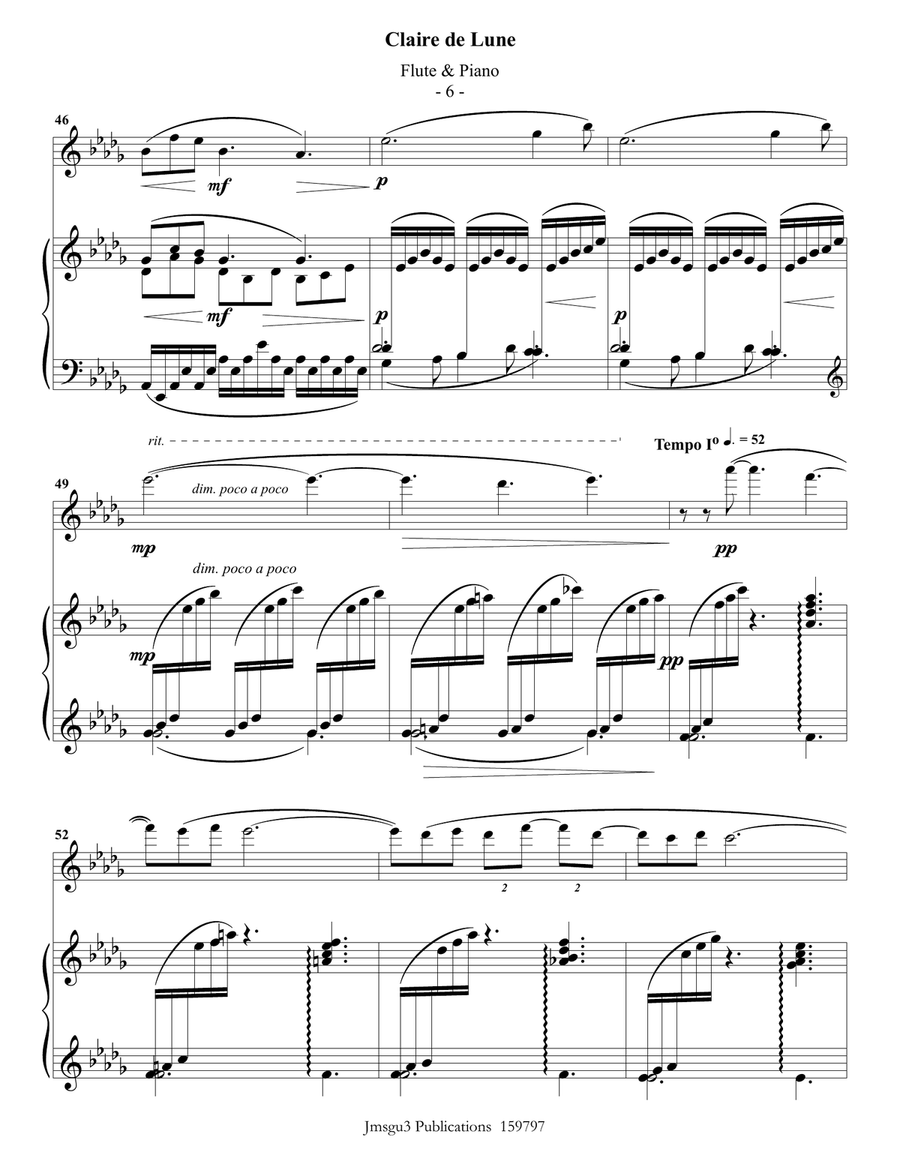 Debussy: Claire de Lune for Flute & Piano Flute Solo scores gallery preview page 6