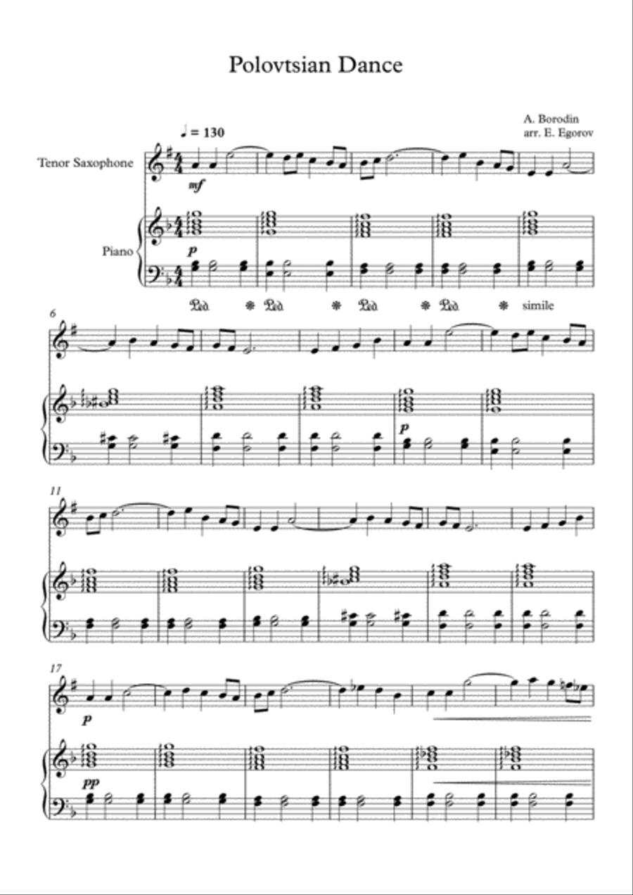 Polovtsian Dance, Alexander Borodin, For Tenor Saxophone & Piano Tenor Saxophone scores gallery preview page 1