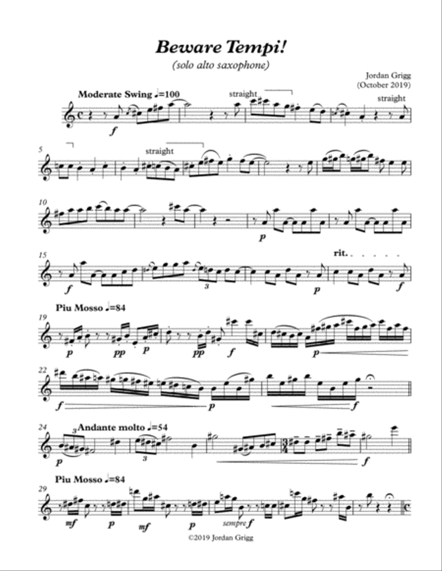 Beware Tempi! (solo alto saxophone) Alto Saxophone scores gallery preview page 1