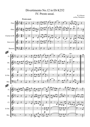 Book cover for Mozart: Divertimento No.12 in Eb K252 Mvt.IV Presto assai - wind quintet