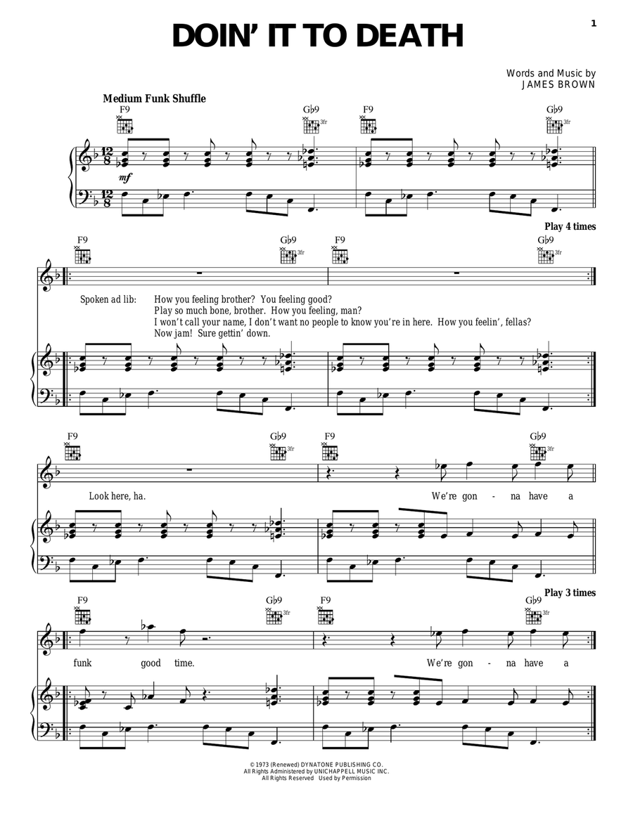 Doin' It To Death Piano, Vocal, Guitar scores gallery preview page 1