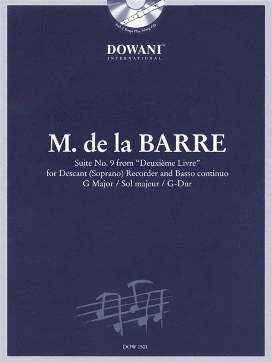 Barre: Suite No. 9 from Deuxieme Livre in G Major for Descant (Soprano) Recorder & Basso Continuo Recorder scores gallery preview page 1