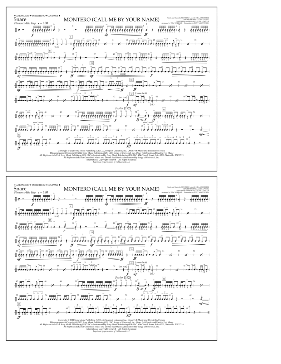 Montero (Call Me By Your Name) (arr. Tom Wallace) - Snare Marching Band scores gallery preview page 1
