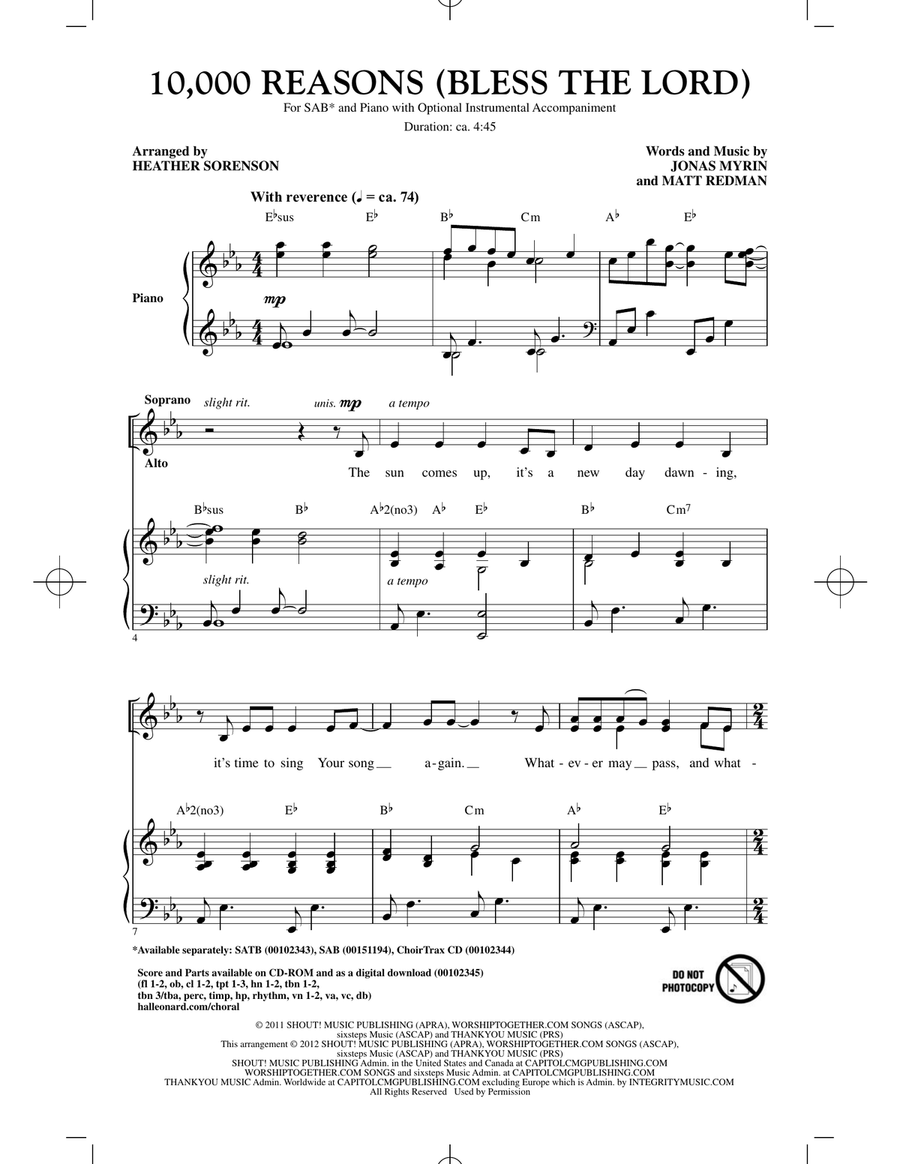10,000 Reasons (Bless The Lord) (arr. Heather Sorenson) 3-Part scores gallery preview page 1
