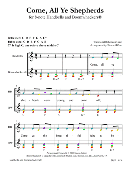 Come, All Ye Shepherds for 8-note Bells and Boomwhackers (with Color Coded Notes) image number null