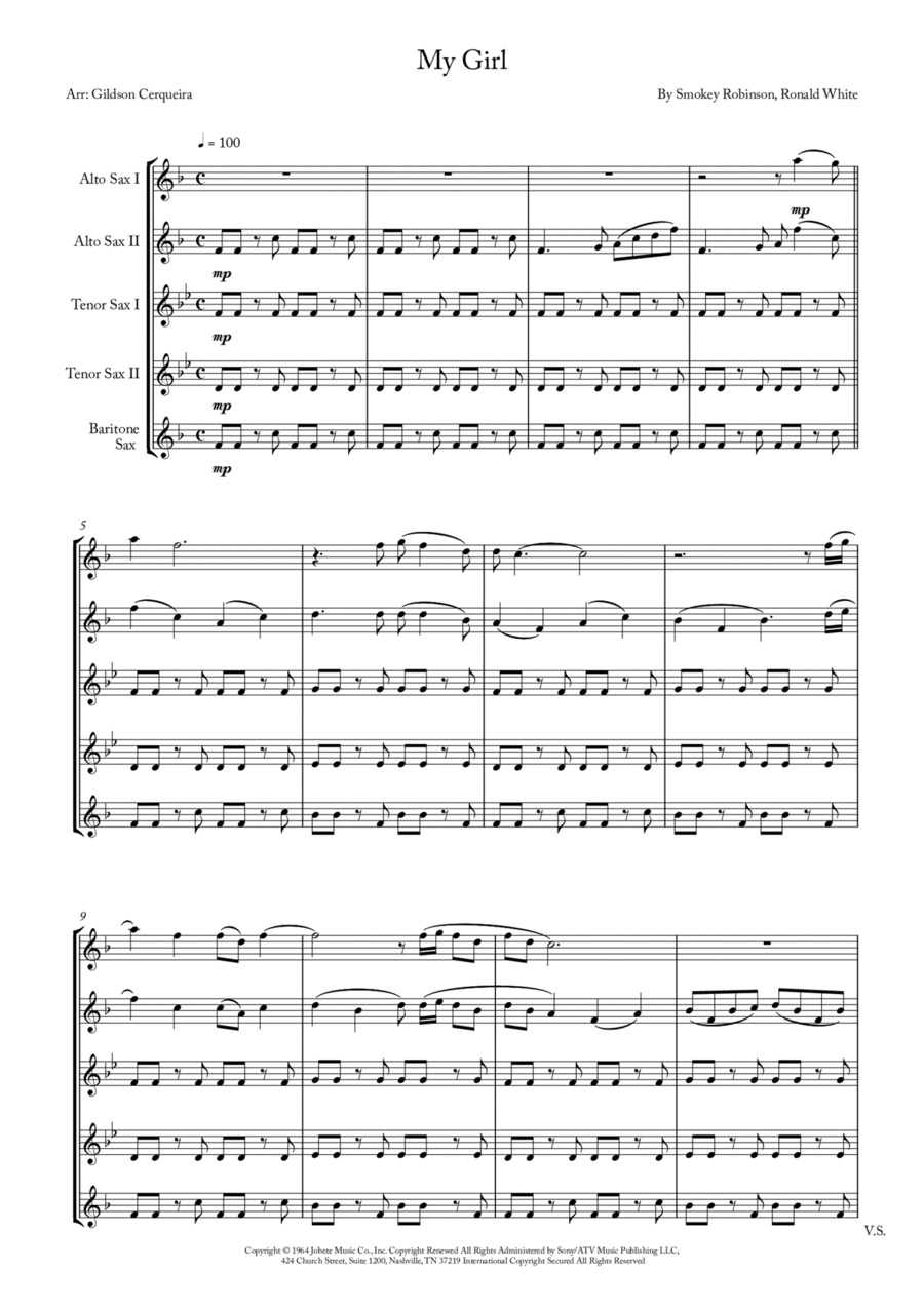 My Girl Saxophone Quintet scores gallery preview page 1