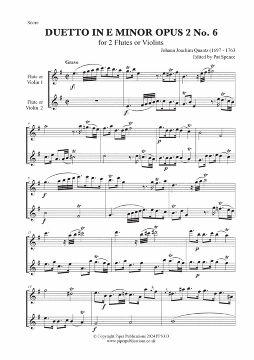 J.J. QUANTZ: DUETTO IN E MINOR OPUS 2 No. 6 for 2 flutes or violins