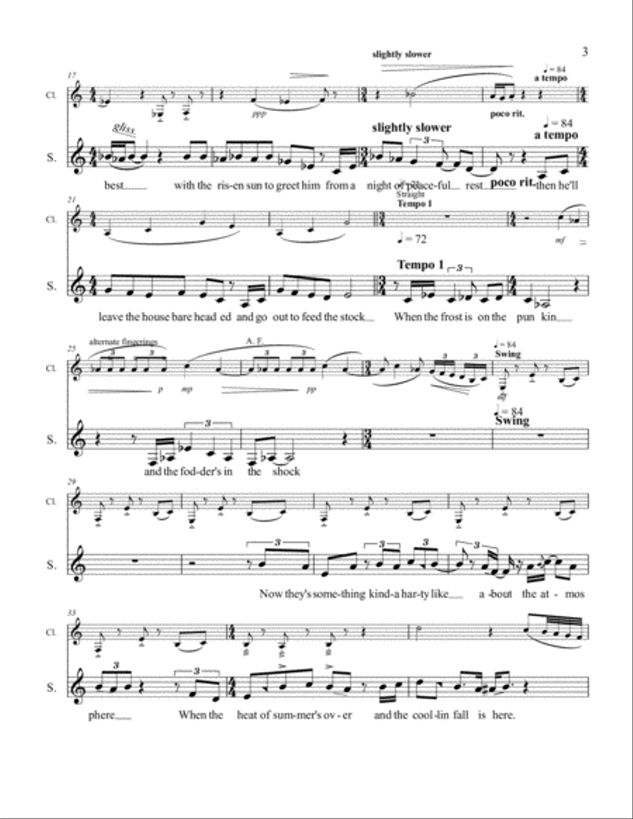 When the Frost is on the Punkin for Voice and Clarinet concert pitch Chamber Music scores gallery preview page 3