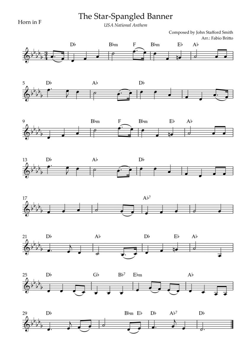 The Star Spangled Banner (USA National Anthem) for Horn in F Solo with Chords (F# Major)