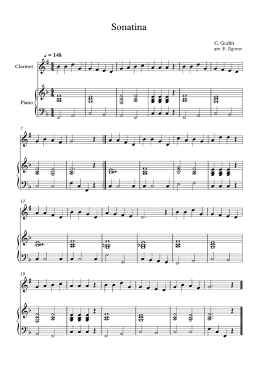 Sonatina, Cornelius Gurlitt, For Clarinet & Piano Clarinet Solo scores gallery preview page 1