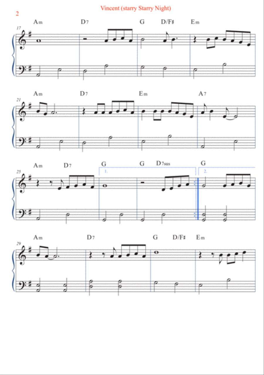 Vincent (starry Starry Night) Easy Piano scores gallery preview page 2