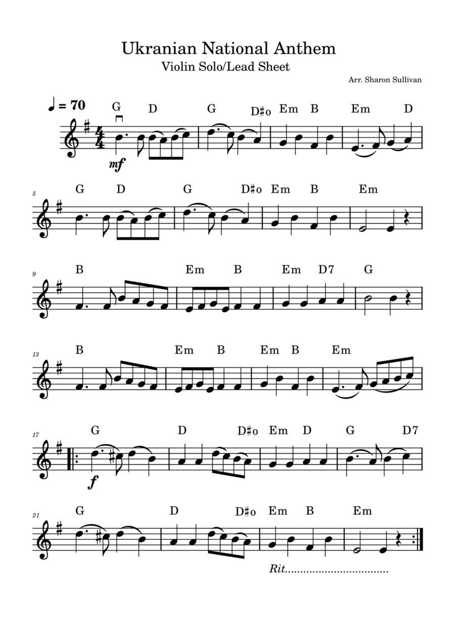 Ukrainian National Anthem/State Anthem of Ukraine - Easy violin solo/lead sheet Violin Solo scores gallery preview page 1