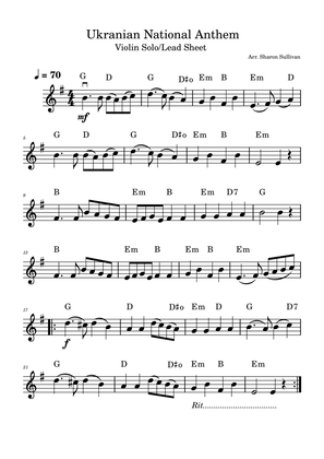 Ukrainian National Anthem/State Anthem of Ukraine - Easy violin solo/lead sheet