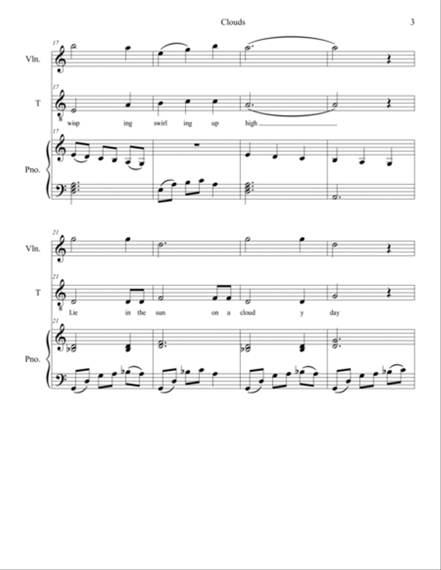 Clouds, A Fantasy for Voice, Violin and Piano Tenor Voice scores gallery preview page 6