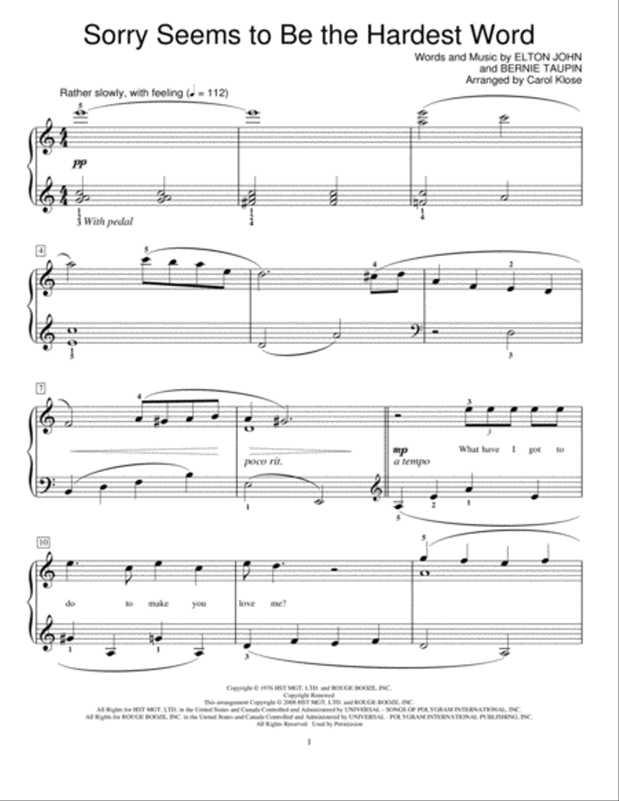 Sorry Seems To Be The Hardest Word Piano Method scores gallery preview page 1