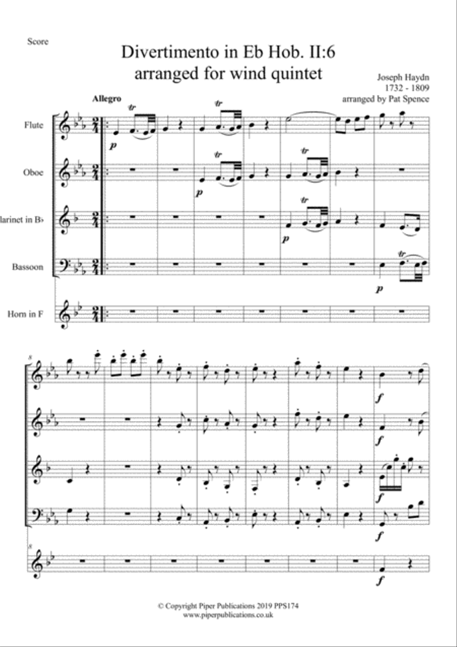 HAYDN DIVERTIMENTO IN Eb arranged for wind quintet Woodwind Quintet scores gallery preview page 2
