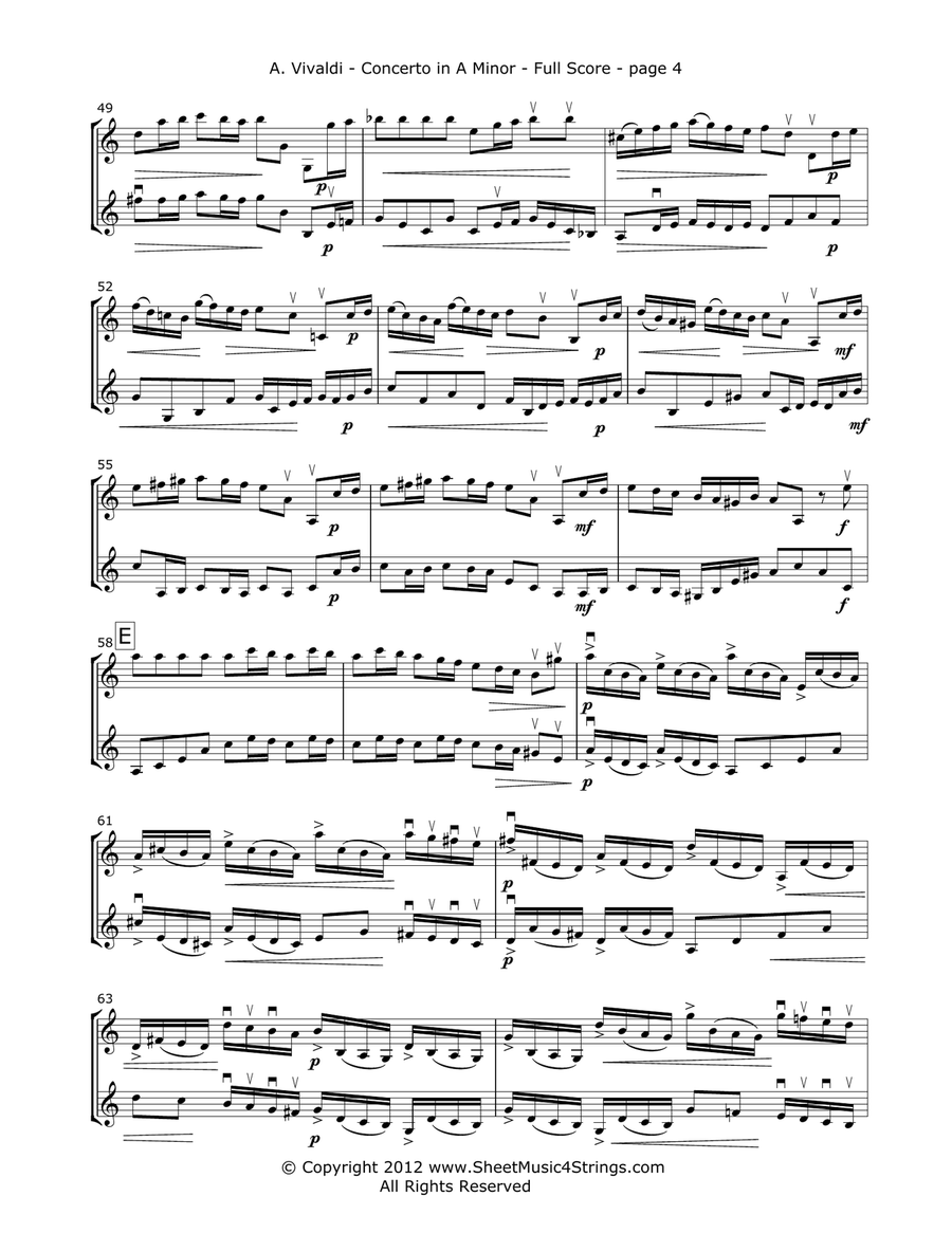 Vivaldi, A. - Concerto in A Minor Mvt. 1 for Two Violins String Duet scores gallery preview page 4