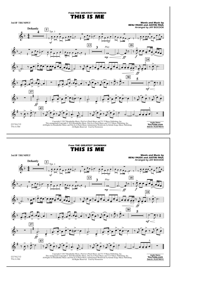 This Is Me (from The Greatest Showman) - 3rd Bb Trumpet B-Flat Trumpet scores gallery preview page 1
