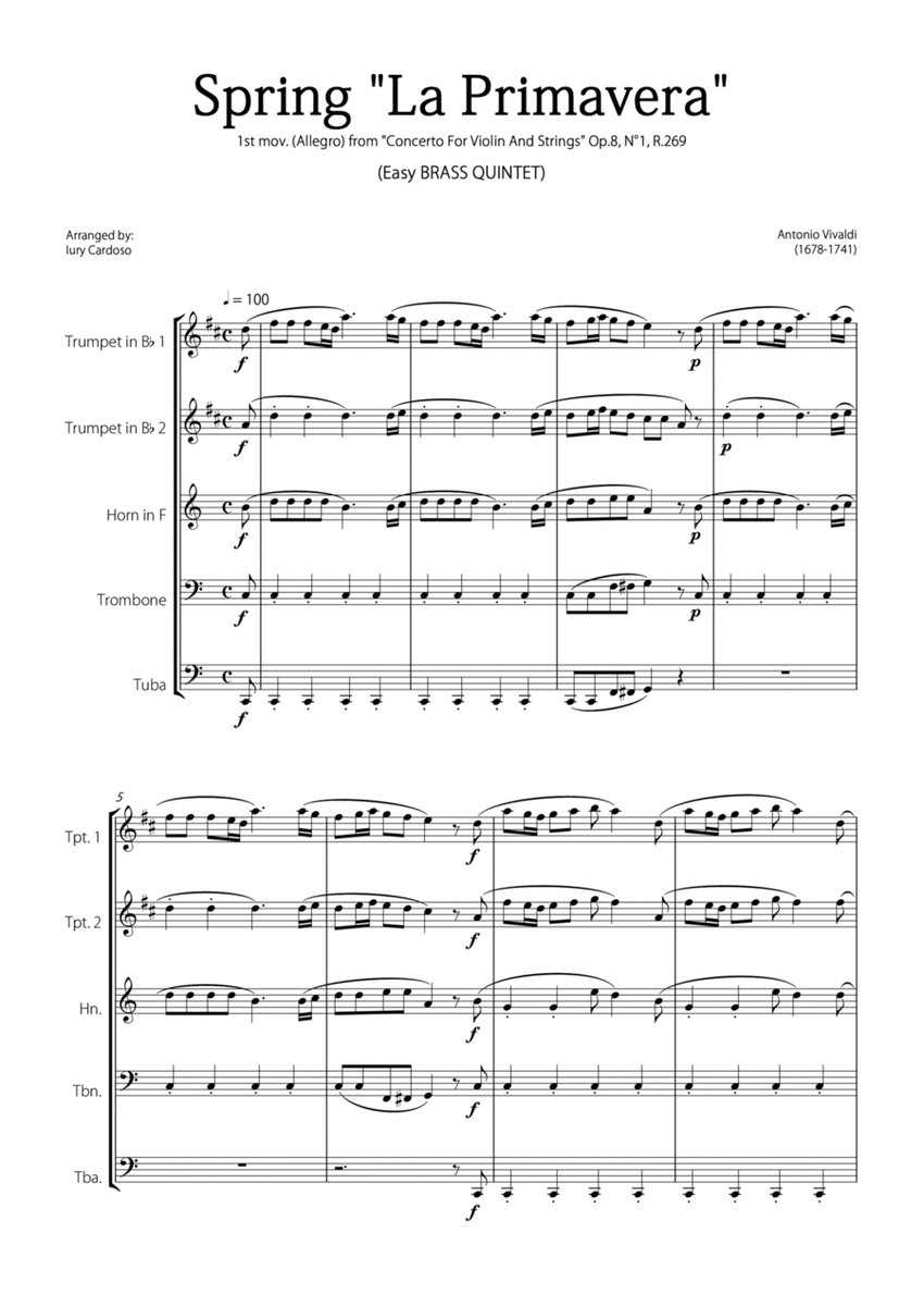 "Spring" (La Primavera) by Vivaldi - Easy version for BRASS QUINTET image number null