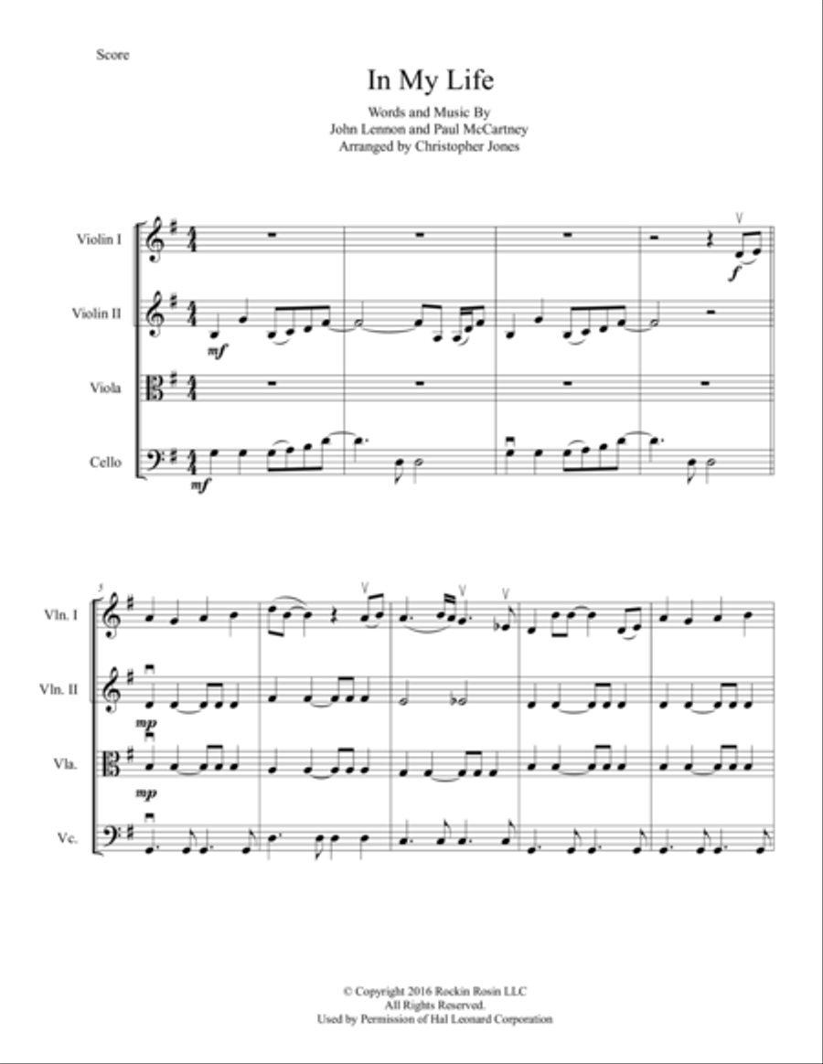 In My Life String Quartet scores gallery preview page 1