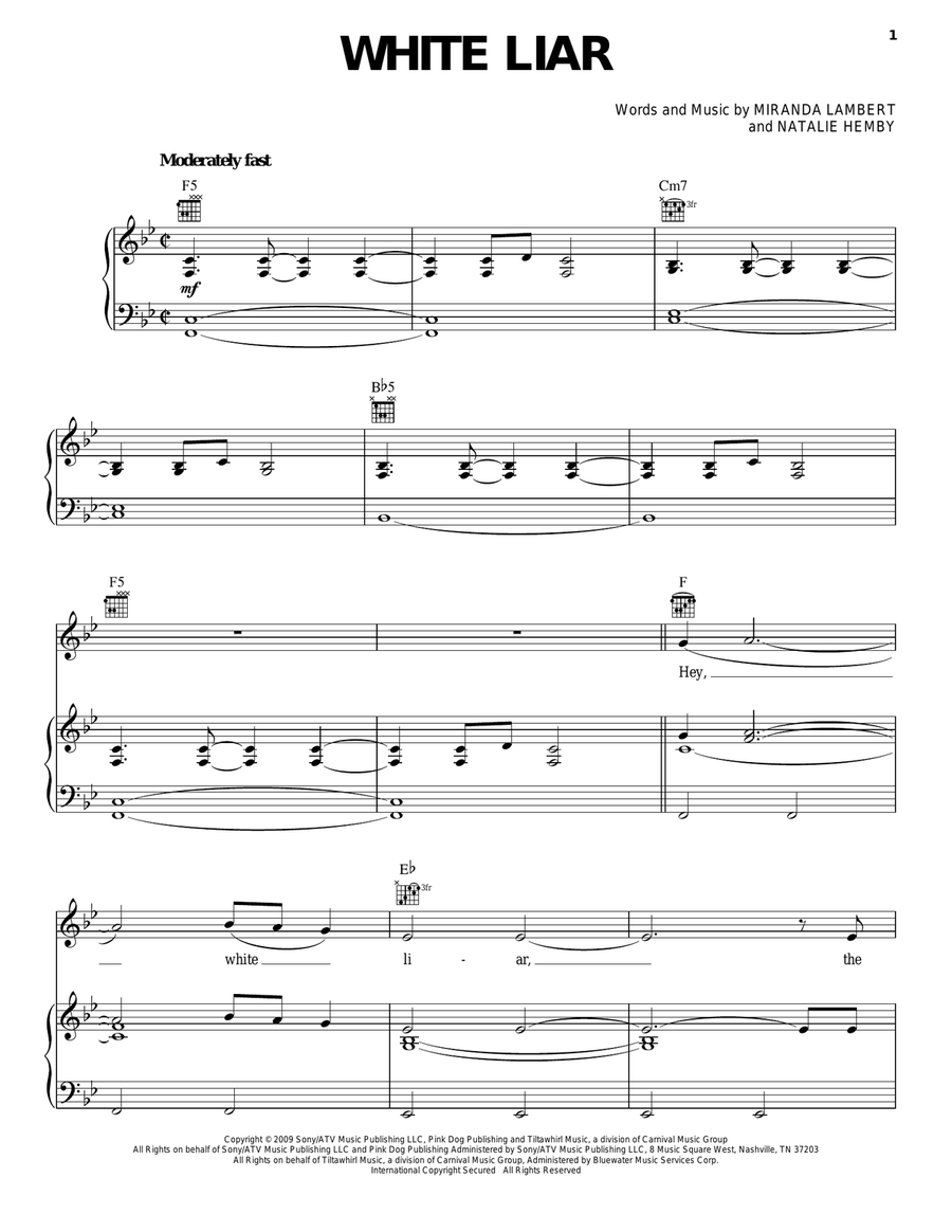 White Liar Piano, Vocal, Guitar scores gallery preview page 1