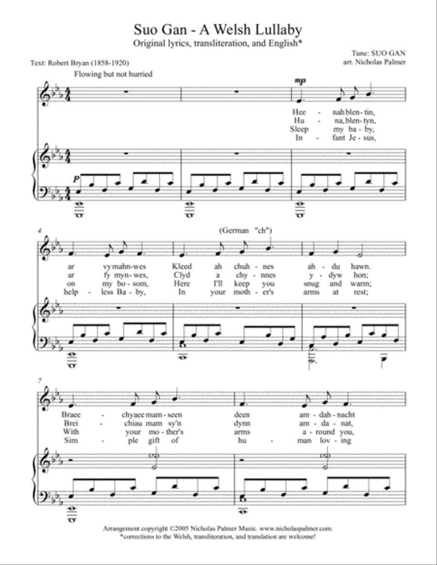 Suo gan/Welsh lullaby - original and Christmas lyrics - medium low voice