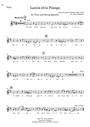 Lascia Ch'io Pianga - Voice and String Quartet - D Major (Individual Parts)