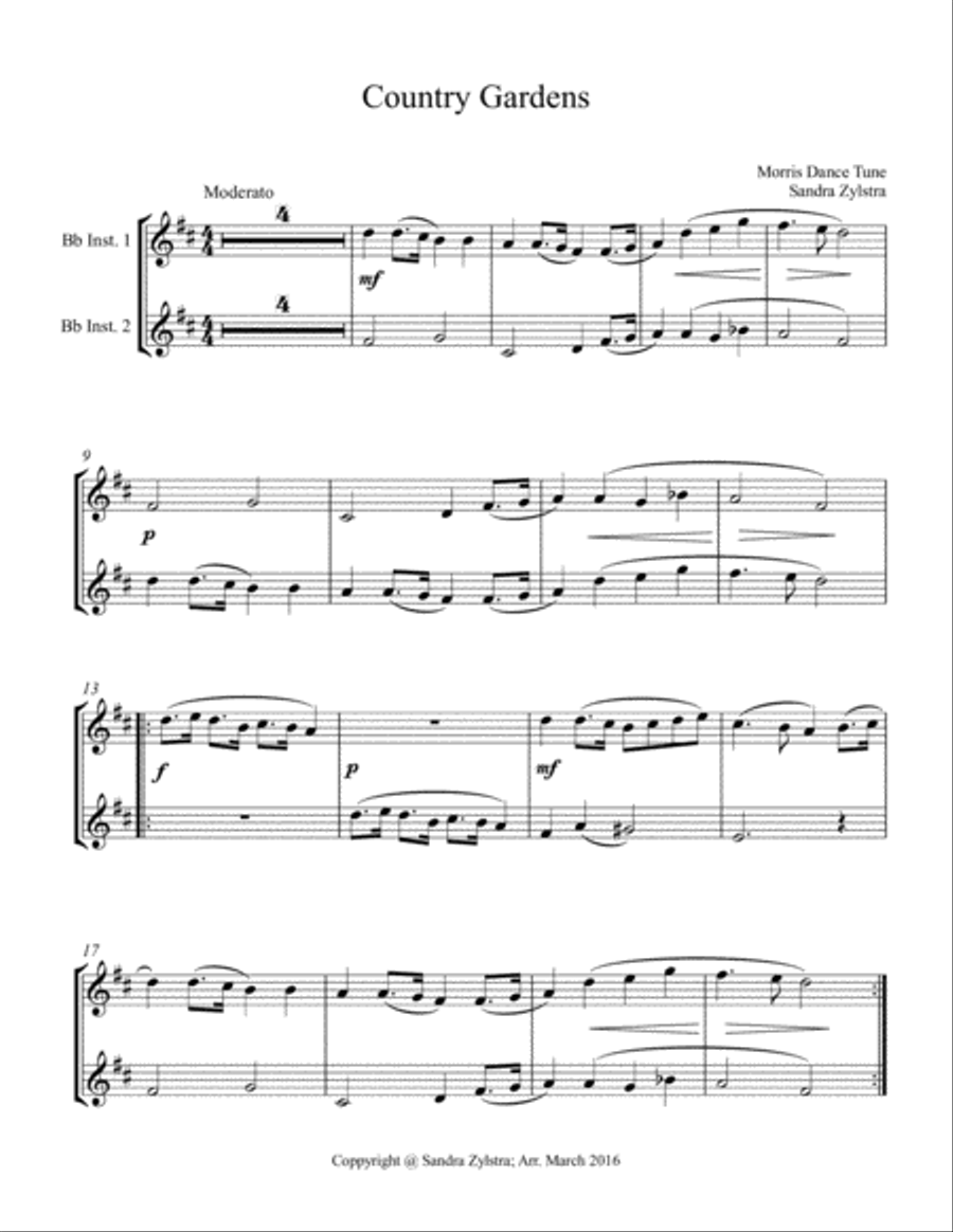 Country Gardens (treble Bb instrument duet, parts only) Piano scores gallery preview page 1