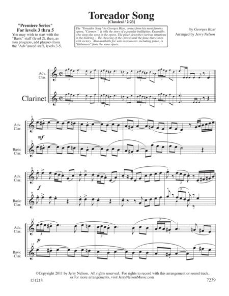 The Toreador Song - Bizet (Arrangements Level 3-5 for CLARINET + Written Acc) image number null