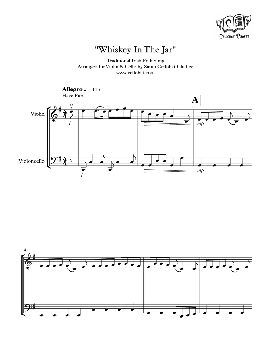 Whiskey In The Jar - Violin & Cello Duet - Traditional Irish arr. Cellobat String Duet scores gallery preview page 1