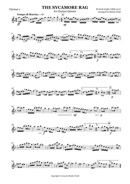 The Sycamore Rag for Clarinet Quintet image number null