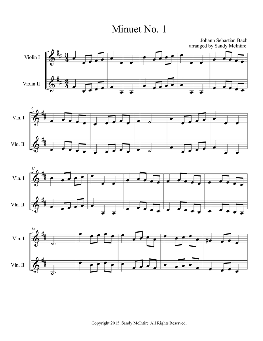 Bach's Minuet No. 1 String Duet scores gallery preview page 1
