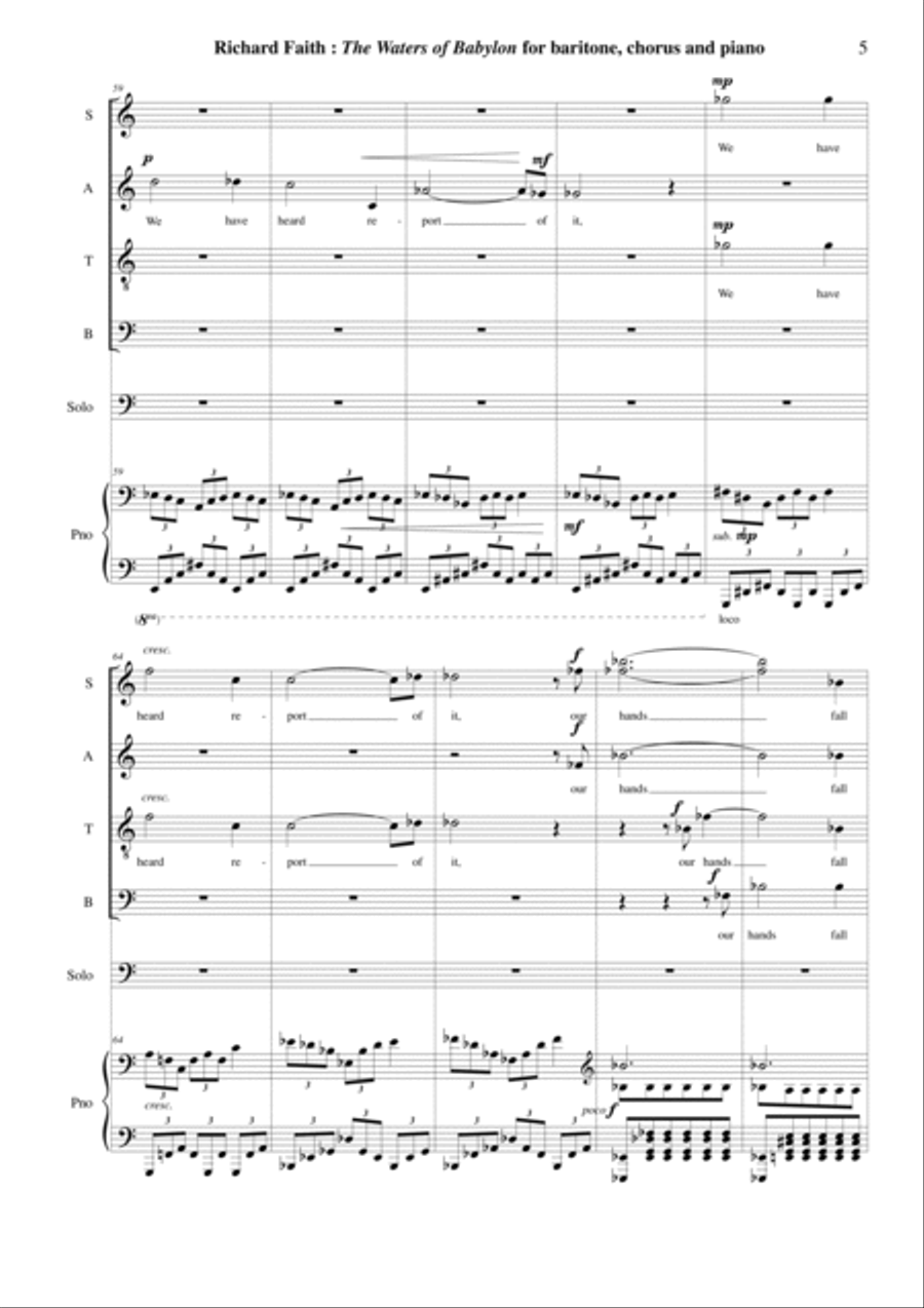Richard Faith: The Waters of Babylon for baritone, SATB mixed chorus and piano: piano-vocal score 4-Part scores gallery preview page 5