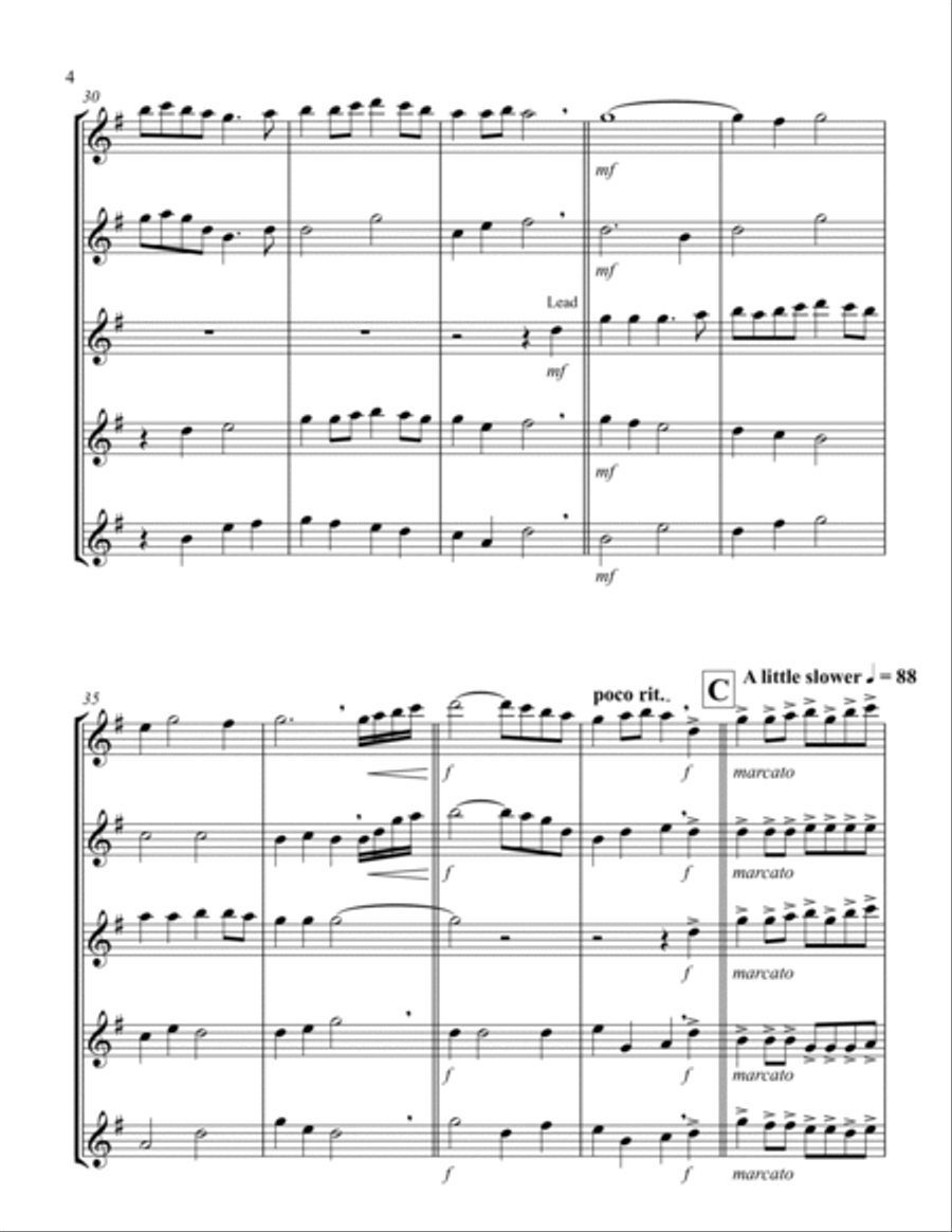 Simple Gifts ('Tis the Gift to Be Simple) (F) (Tenor Saxophone Quintet) Saxophone Quintet scores gallery preview page 4
