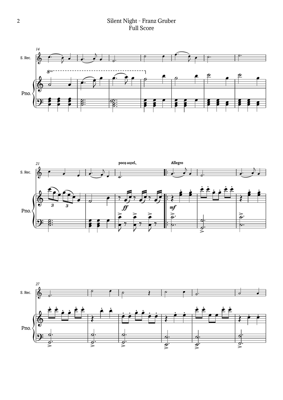 Silent Night for Soprano Recorder and Piano Chamber Music scores gallery preview page 2